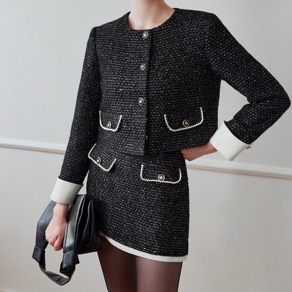 Black Elegant Women's Contrast Binding Flap Detail Skirt - Picture 4 of 8